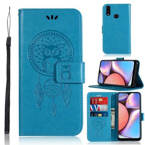 Intricate Embossing Owl Campanula Leather Wallet Case for Samsung Galaxy A10s - Blue
