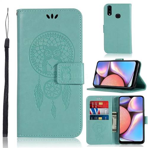 Intricate Embossing Owl Campanula Leather Wallet Case for Samsung Galaxy A10s - Green