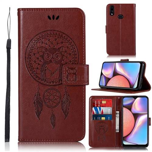 Intricate Embossing Owl Campanula Leather Wallet Case for Samsung Galaxy A10s - Brown