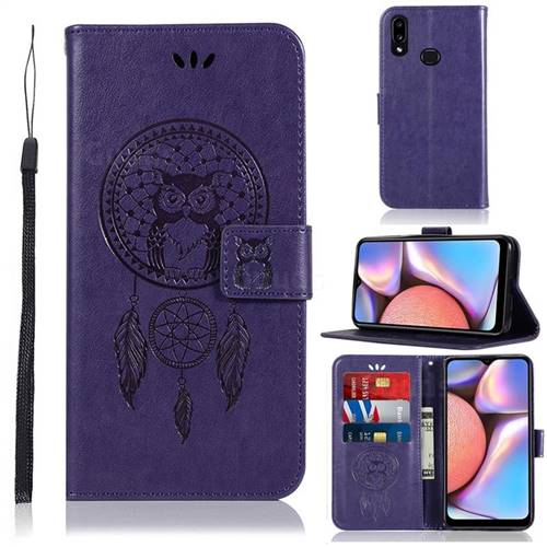 Intricate Embossing Owl Campanula Leather Wallet Case for Samsung Galaxy A10s - Purple