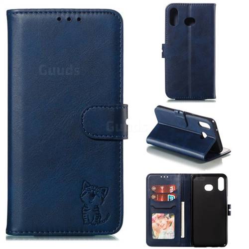 Embossing Happy Cat Leather Wallet Case for Samsung Galaxy A10s - Blue