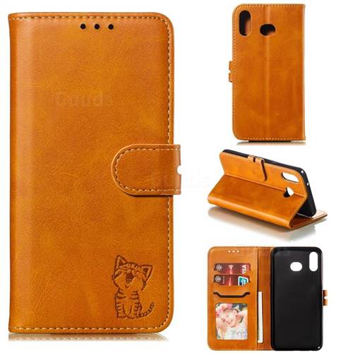 Embossing Happy Cat Leather Wallet Case for Samsung Galaxy A10s - Yellow