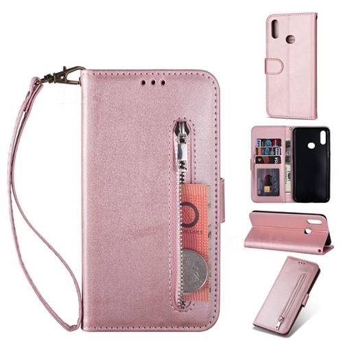 Retro Calfskin Zipper Leather Wallet Case Cover for Samsung Galaxy A10s - Rose Gold