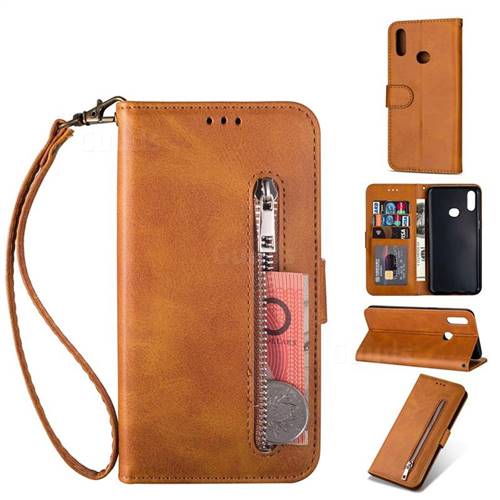 Retro Calfskin Zipper Leather Wallet Case Cover for Samsung Galaxy A10s - Brown