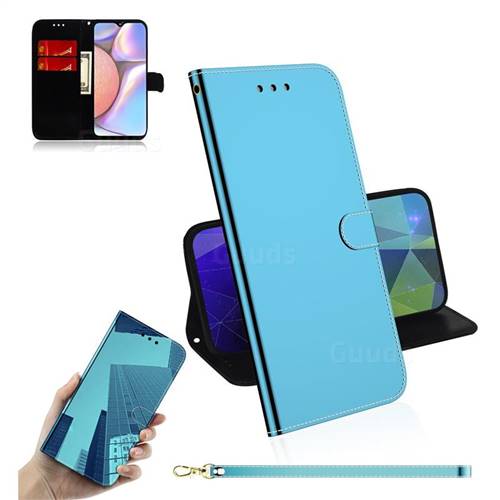 Shining Mirror Like Surface Leather Wallet Case for Samsung Galaxy A10s - Blue