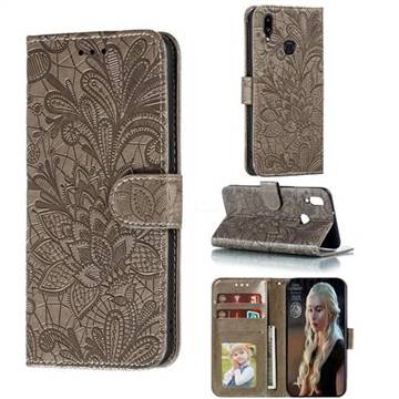 Intricate Embossing Lace Jasmine Flower Leather Wallet Case for Samsung Galaxy A10s - Gray