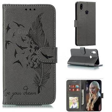 Intricate Embossing Lychee Feather Bird Leather Wallet Case for Samsung Galaxy A10s - Gray