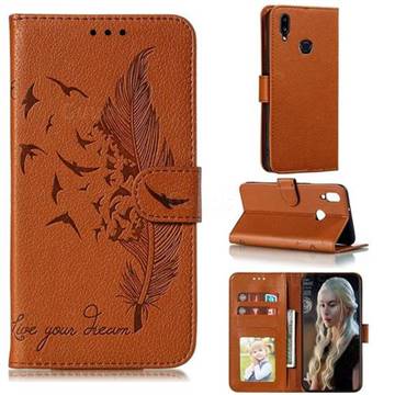 Intricate Embossing Lychee Feather Bird Leather Wallet Case for Samsung Galaxy A10s - Brown