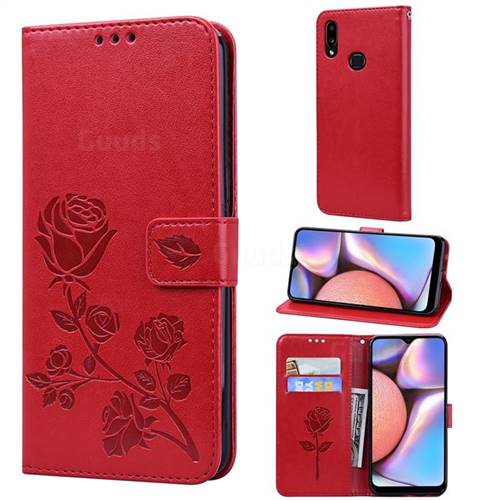 Embossing Rose Flower Leather Wallet Case for Samsung Galaxy A10s - Red