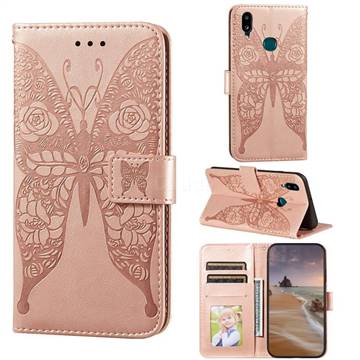 Intricate Embossing Rose Flower Butterfly Leather Wallet Case for Samsung Galaxy A10s - Rose Gold