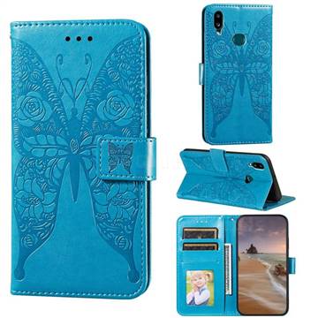Intricate Embossing Rose Flower Butterfly Leather Wallet Case for Samsung Galaxy A10s - Blue