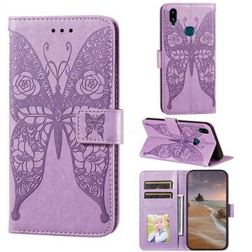 Intricate Embossing Rose Flower Butterfly Leather Wallet Case for Samsung Galaxy A10s - Purple