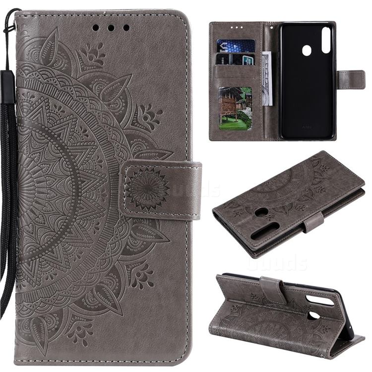 Intricate Embossing Datura Leather Wallet Case for Samsung Galaxy A10s - Gray