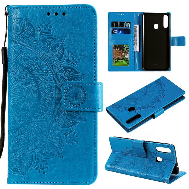 Intricate Embossing Datura Leather Wallet Case for Samsung Galaxy A10s - Blue