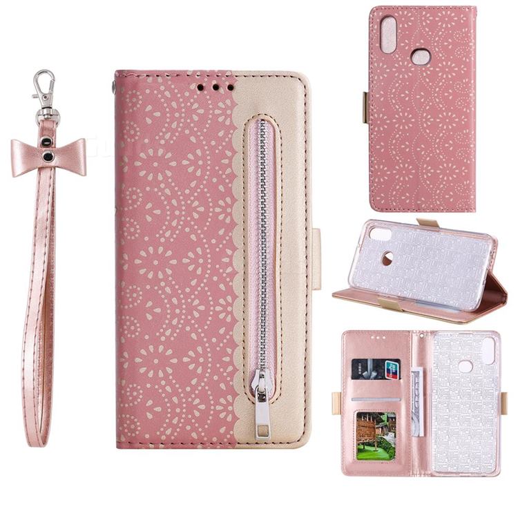 Luxury Lace Zipper Stitching Leather Phone Wallet Case for Samsung Galaxy A10s - Pink