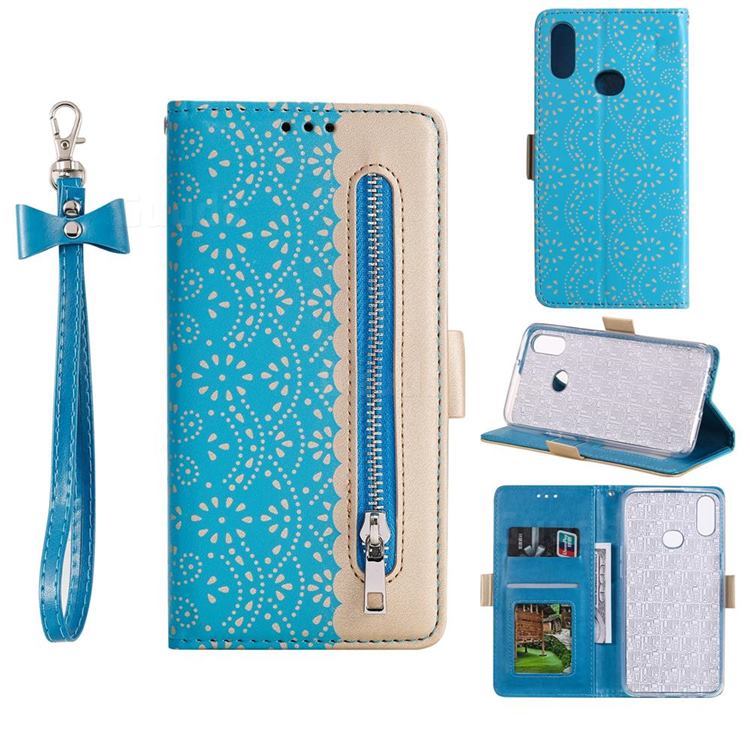 Luxury Lace Zipper Stitching Leather Phone Wallet Case for Samsung Galaxy A10s - Blue