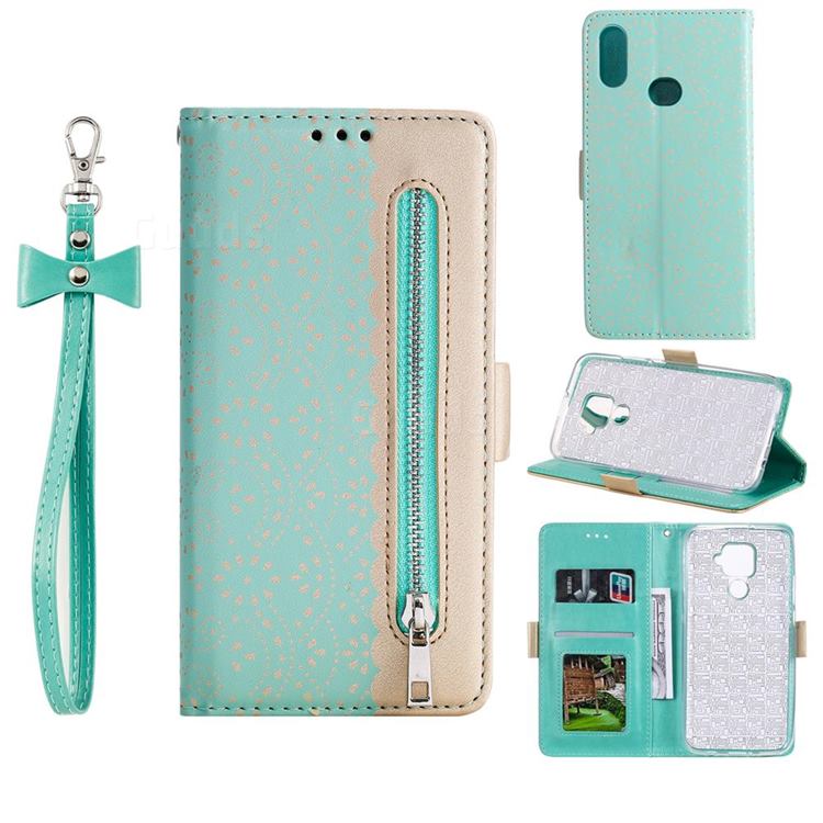 Luxury Lace Zipper Stitching Leather Phone Wallet Case for Samsung Galaxy A10s - Green
