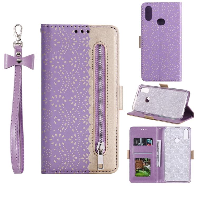 Luxury Lace Zipper Stitching Leather Phone Wallet Case for Samsung Galaxy A10s - Purple