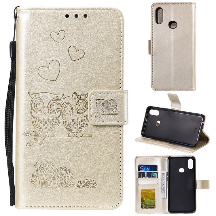 Embossing Owl Couple Flower Leather Wallet Case for Samsung Galaxy A10s - Golden