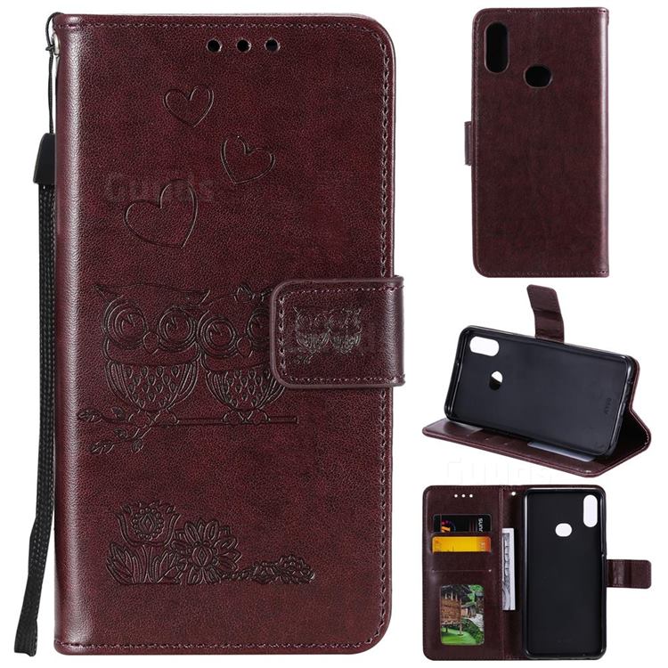 Embossing Owl Couple Flower Leather Wallet Case for Samsung Galaxy A10s - Brown