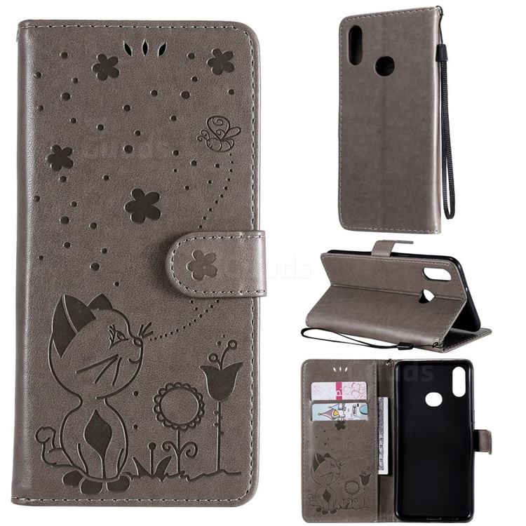 Embossing Bee and Cat Leather Wallet Case for Samsung Galaxy A10s - Gray