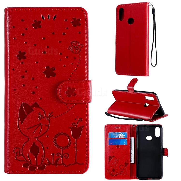 Embossing Bee and Cat Leather Wallet Case for Samsung Galaxy A10s - Red