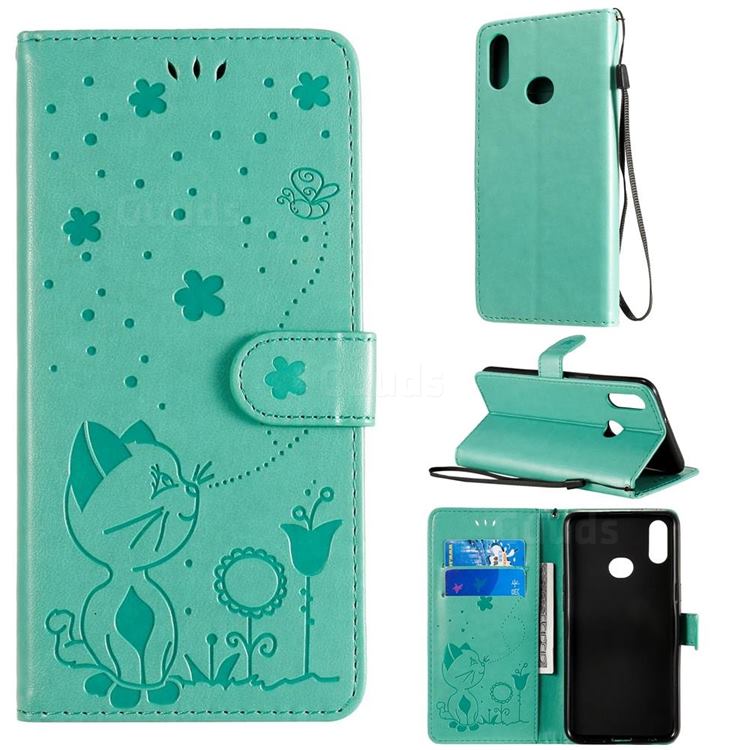 Embossing Bee and Cat Leather Wallet Case for Samsung Galaxy A10s - Green