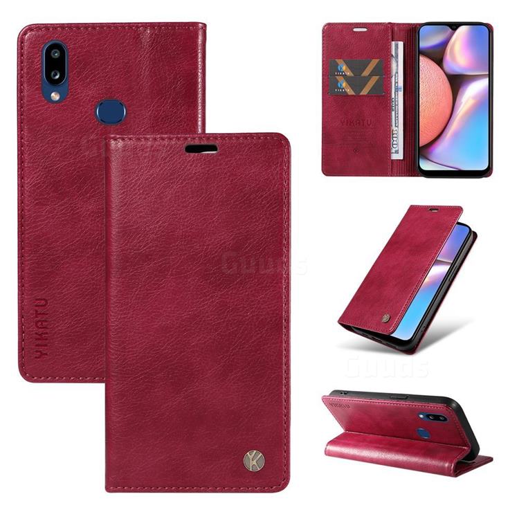 YIKATU Litchi Card Magnetic Automatic Suction Leather Flip Cover for Samsung Galaxy A10s - Wine Red