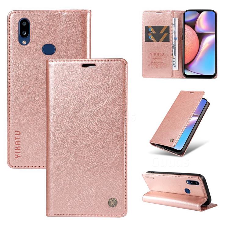 YIKATU Litchi Card Magnetic Automatic Suction Leather Flip Cover for Samsung Galaxy A10s - Rose Gold