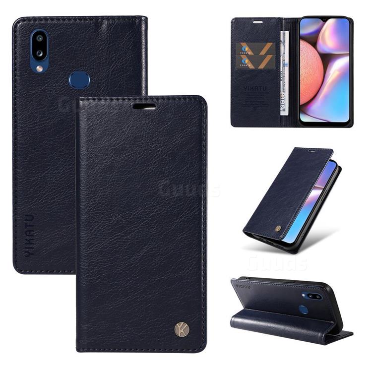 YIKATU Litchi Card Magnetic Automatic Suction Leather Flip Cover for Samsung Galaxy A10s - Navy Blue