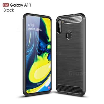 Luxury Carbon Fiber Brushed Wire Drawing Silicone TPU Back Cover for Samsung Galaxy A11 - Black