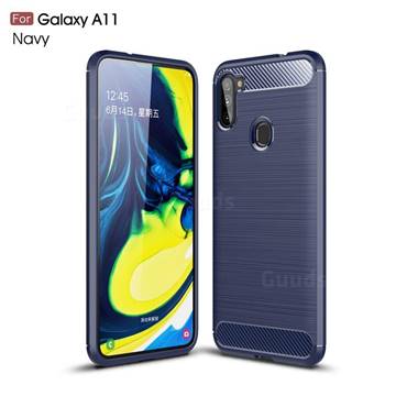 Luxury Carbon Fiber Brushed Wire Drawing Silicone TPU Back Cover for Samsung Galaxy A11 - Navy
