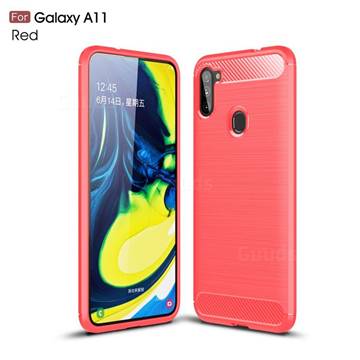 Luxury Carbon Fiber Brushed Wire Drawing Silicone TPU Back Cover for Samsung Galaxy A11 - Red