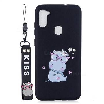 Black Flower Hippo Soft Kiss Candy Hand Strap Silicone Case for Samsung Galaxy A11