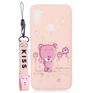 Pink Flower Bear Soft Kiss Candy Hand Strap Silicone Case for Samsung Galaxy A11