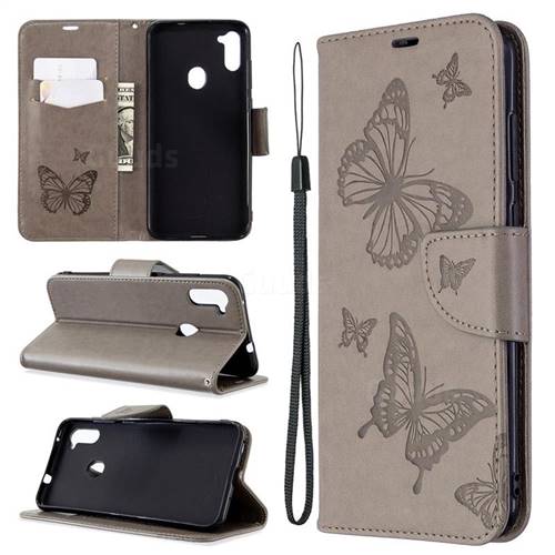 Embossing Double Butterfly Leather Wallet Case for Samsung Galaxy A11 - Gray