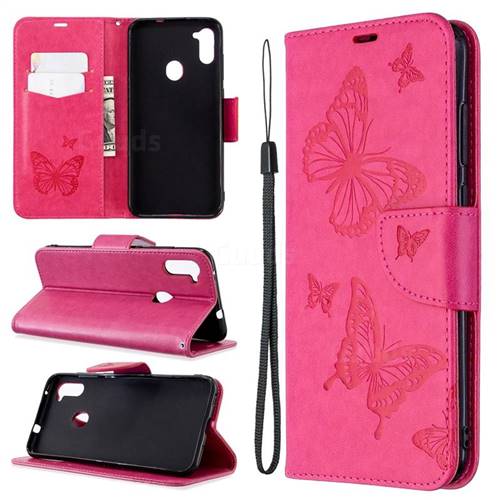 Embossing Double Butterfly Leather Wallet Case for Samsung Galaxy A11 - Red