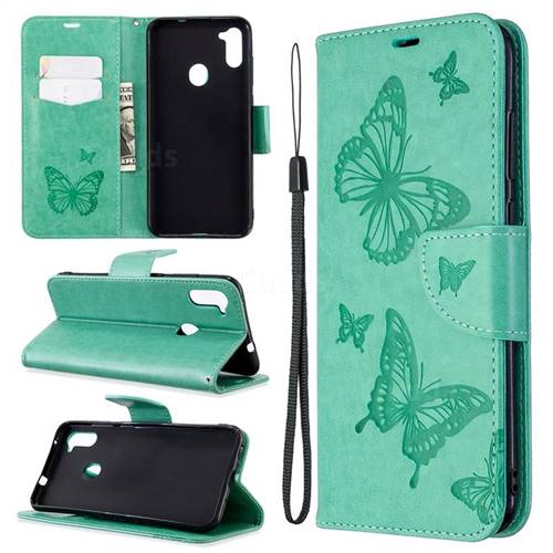 Embossing Double Butterfly Leather Wallet Case for Samsung Galaxy A11 - Green