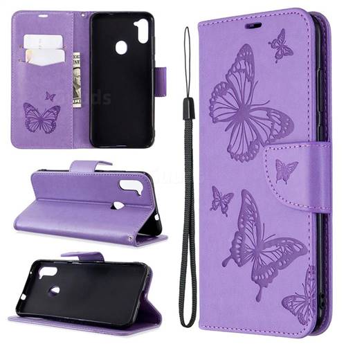 Embossing Double Butterfly Leather Wallet Case for Samsung Galaxy A11 - Purple