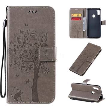Embossing Butterfly Tree Leather Wallet Case for Samsung Galaxy A11 - Grey
