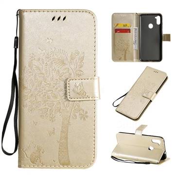 Embossing Butterfly Tree Leather Wallet Case for Samsung Galaxy A11 - Champagne