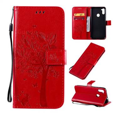 Embossing Butterfly Tree Leather Wallet Case for Samsung Galaxy A11 - Red