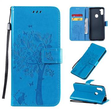 Embossing Butterfly Tree Leather Wallet Case for Samsung Galaxy A11 - Blue