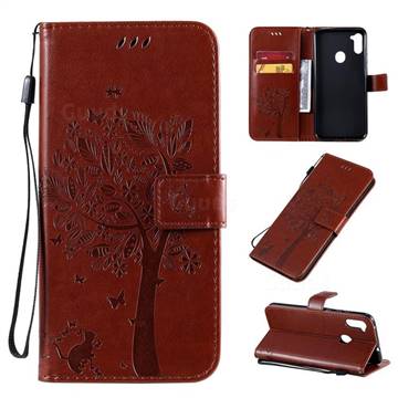 Embossing Butterfly Tree Leather Wallet Case for Samsung Galaxy A11 - Coffee