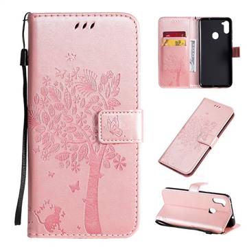 Embossing Butterfly Tree Leather Wallet Case for Samsung Galaxy A11 - Rose Pink