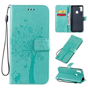 Embossing Butterfly Tree Leather Wallet Case for Samsung Galaxy A11 - Cyan