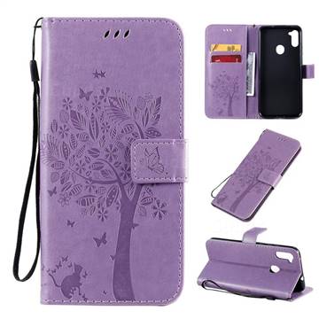 Embossing Butterfly Tree Leather Wallet Case for Samsung Galaxy A11 - Violet