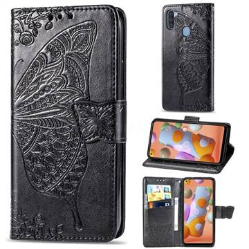 Embossing Mandala Flower Butterfly Leather Wallet Case for Samsung Galaxy A11 - Black