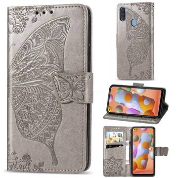 Embossing Mandala Flower Butterfly Leather Wallet Case for Samsung Galaxy A11 - Gray