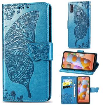 Embossing Mandala Flower Butterfly Leather Wallet Case for Samsung Galaxy A11 - Blue